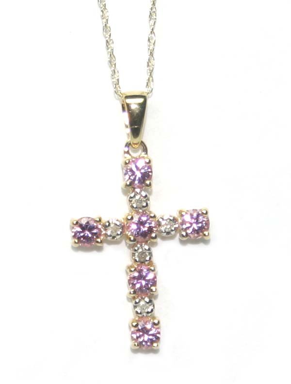 0.75 CT DIAMOND & PINK TOPAZ 10K GOLD CROSS PENDA