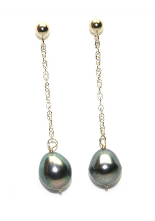 14KT GOLD 9mm PEARL DANGLING EARRINGS .