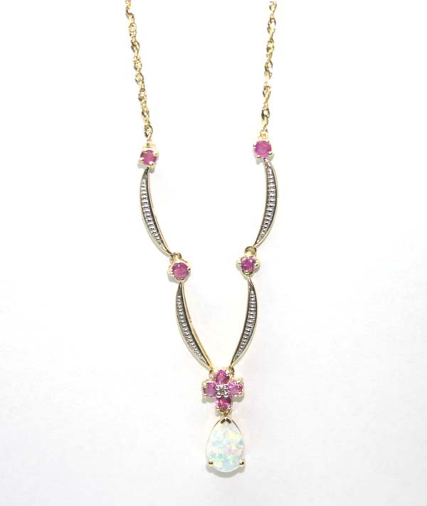 1.60 CT RUBY & CR OPAL 10K GOLD NECKLACE .