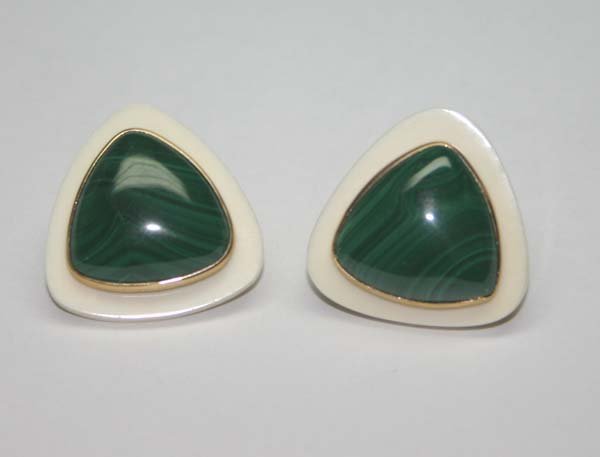 14 kt GOLD IVORY & MALAKITE EARRINGS.