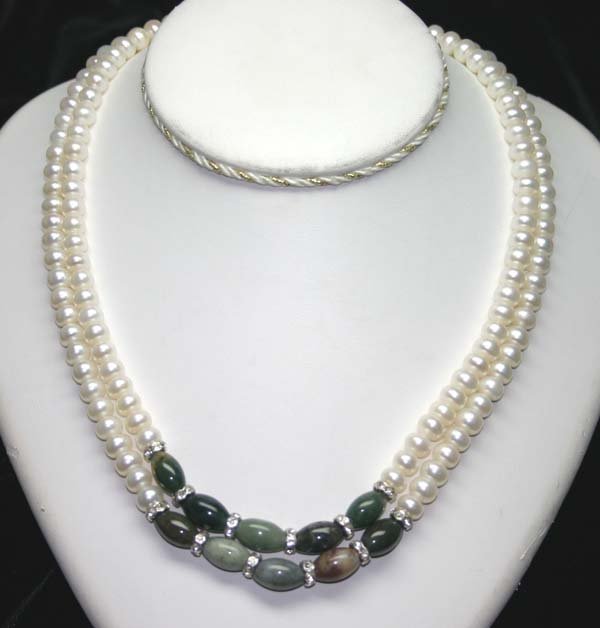 7mm FRESH WATER PEARLS & JADE NECKLACE 36'' INCHE