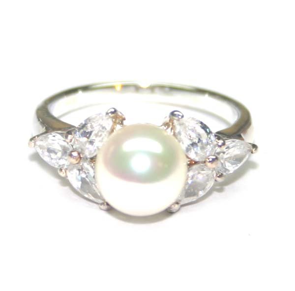 8 mm CR PEARL & LAB W,SAPPH .925 SILVER RING .