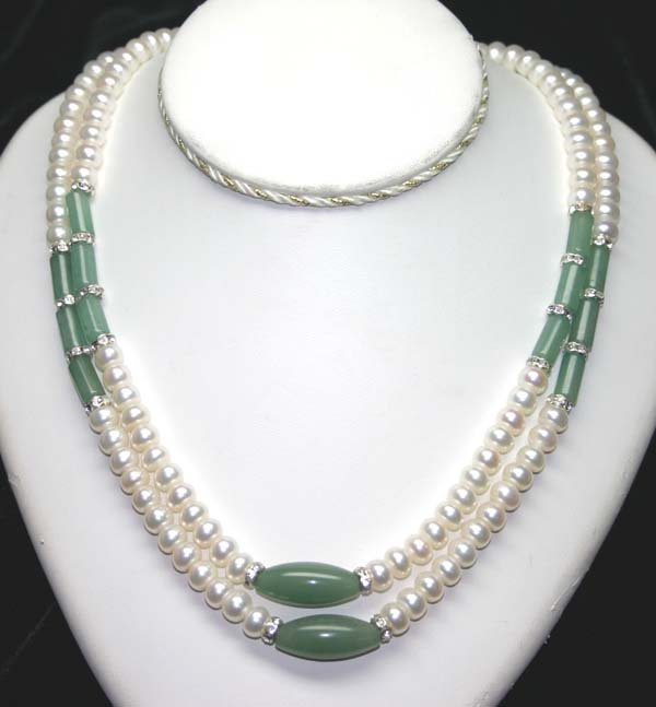 7mm FRESH WATER PEARLS & JADE NECKLACE 38'' INCHE
