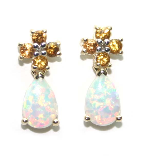2,CT YELLOW SAPHIRE OPAL & DIAMOND GOLD EARRINGS.