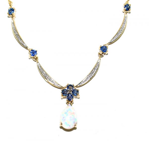 3, CT SAPPHIRE & OPAL 10K GOLD NECKLACE .