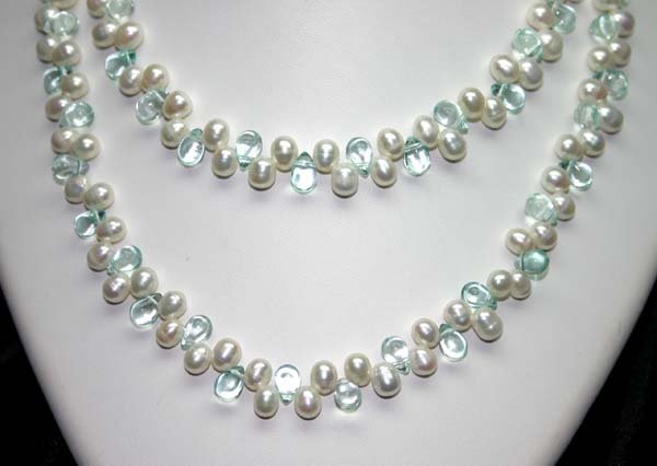 40' INCHES 7mm PEARLS & LAB BLUE CRYSTAL NECKLA