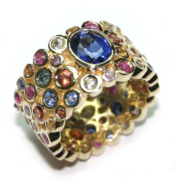 8 CT BLUE DIA & MULTI COLOR GEM 18K 12 GR RING . - 2