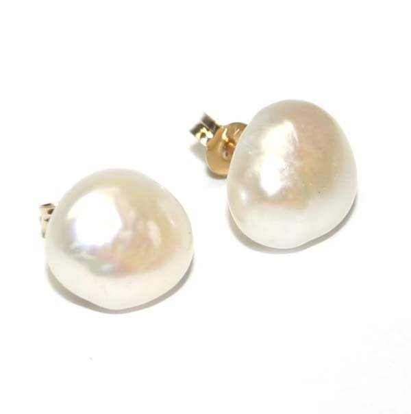 FREE FORM PEARL 14KT GOLD EARRINGS .