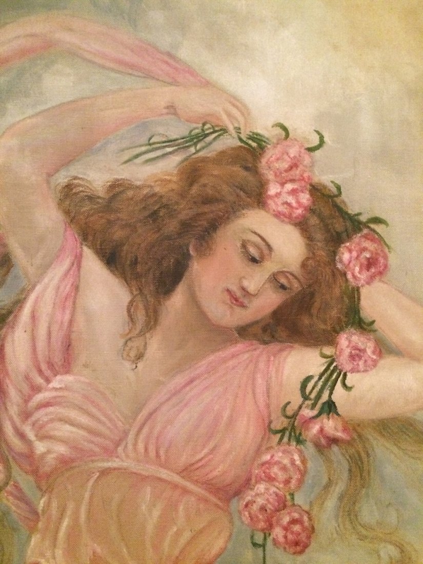 Tramp Art - Original Oil Painting: Original Canvas. likely last owned at Texas Weatherford HotelTurn of the century Art Nouveau. Frame: 35" x 75". Canvas: 31" x 71"This was once in the collection of Charlene Doree-Downs in the Doll Hou