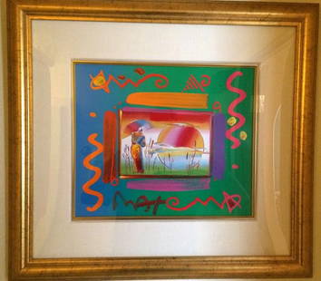 Peter Max. Original Painting - Umbrella Man: Original Peter Max collage.Hand painted and catalogued. New framing with gold filet.Frame: 23" x 20" Image: 14" x 12"