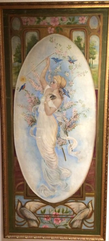 Tramp Art - Original Oil Painting: Original Canvas. likely last owned at Texas Weatherford HotelTurn of the century Art Nouveau. Frame: 35" x 75". Canvas: 31" x71"This was once in the collection of Charlene Doree-Downs in the Doll Hous