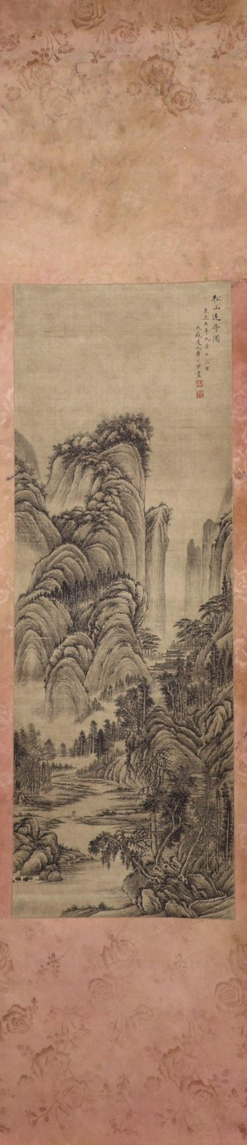 A HUANGGONGWANG'S LANDSCAPE VERTICAL AXIS PAINTING: 17-19 Century. With HuangGongWang(1269-1354) mark. Length 38.39 in / Width 13.39 in
