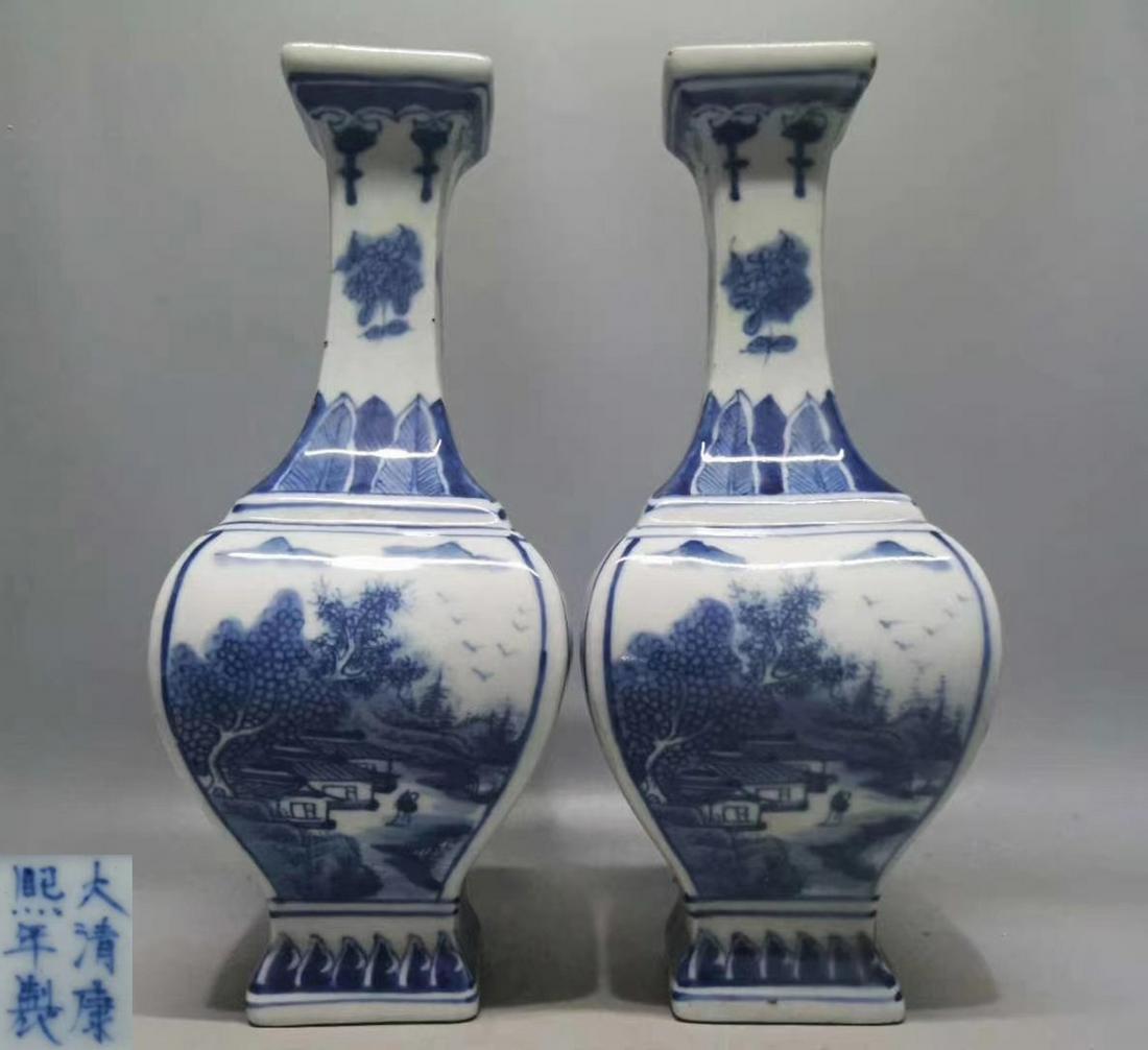 PAIR OF BLUE&WHITE GLAZE PAINTED WITH LANDSCAPE PATTERN: 18-19 Century.Dimension 24.5 x 15 x 7.5cm