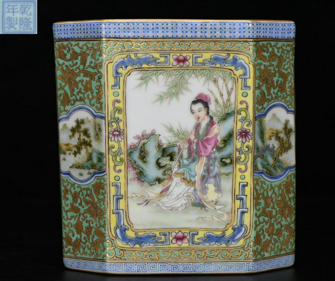 QIANLONGNIANZHI MARK ENAMELED GLAZE BRUSH POT: With QianLongNianZhi Mark. Dimension 14 x 13.5 x 13.3 cm