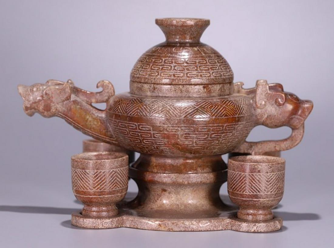 SET OF ANTIQUE JADE POT&CUPS CARVED WITH PATTERN: Dimension 14 x 10.5 cm