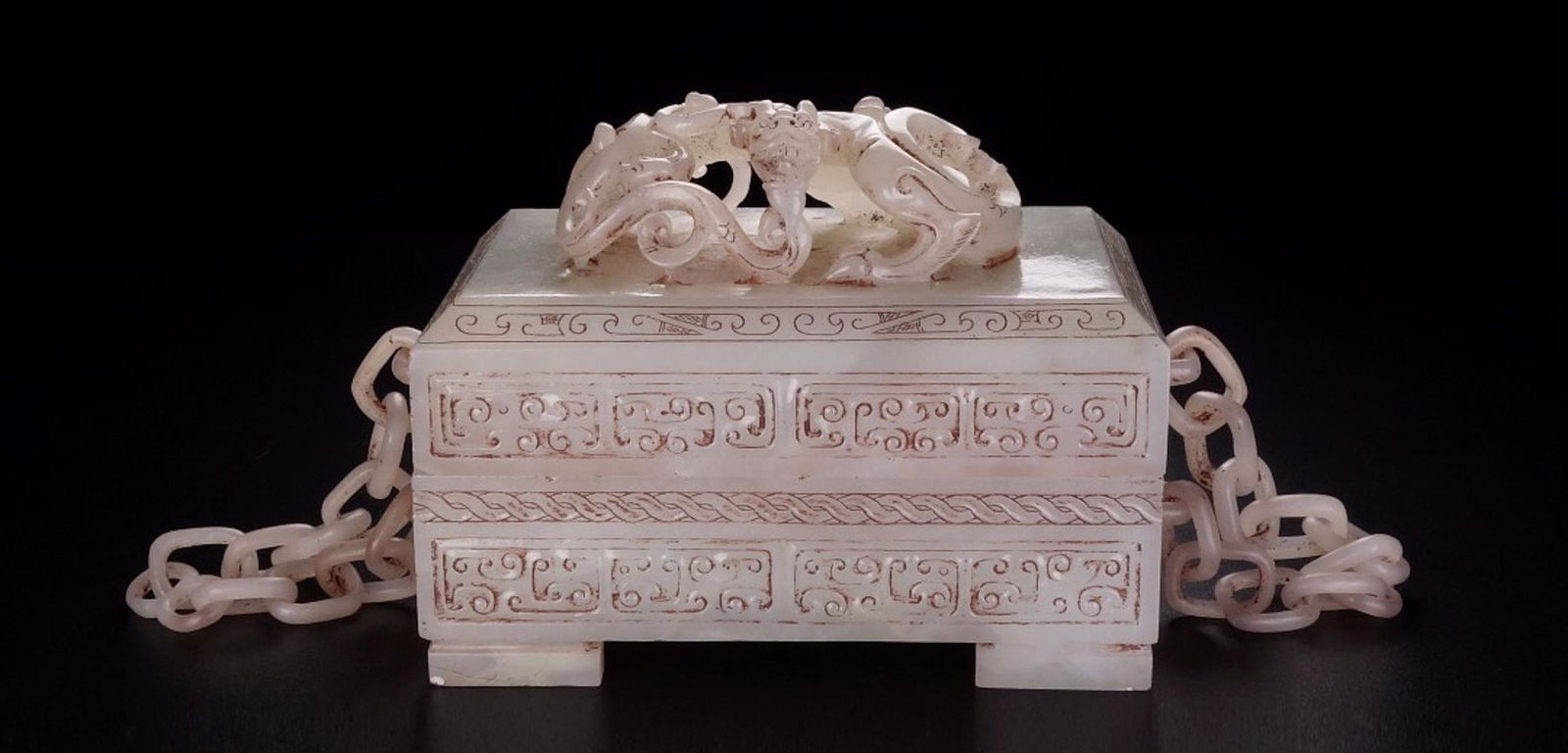 ANTIQUE HETIAN JADE CARVED SEALS SET: Box-Dimension 12.3 x 8 x 9.7 cm / Seal-Dimension 4.8 x 3.6 x 3.2 cm