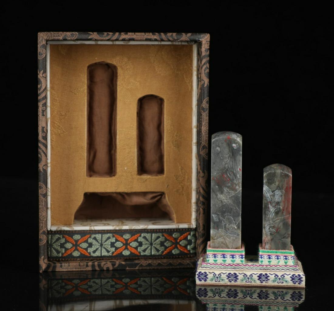 BAISHI MARK SOAPSTONE CARVED SEALS SET: With BaiShi Mark (1864-1957) / Total-Weight 148 g / Height 8.2 cm / Width 2 cm