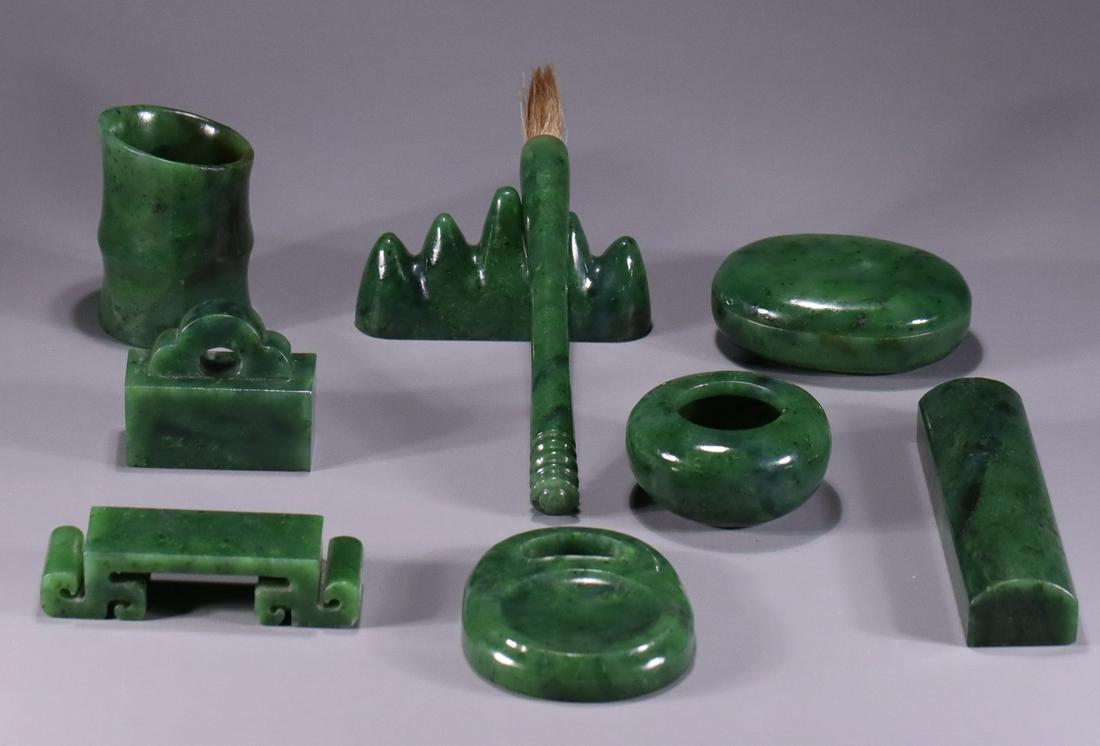 SET OF HETIAN JASPER CARVED CALLIGRAPHY SUPPLIES: Dimension(1) 9 x 2.5 x 4.7 cm / Dimension(2) 15.8 x 1.5 cm / Dimension(3) 8 x 6.1 x 2.8 cm / Dimension(4) 8.9 x 6.6 x 1.4 cm / Dimension(5) 6 x 3 x 3 cm / Dimension(6) 6.7 x 4.8 cm / Dimension(7) 13 x