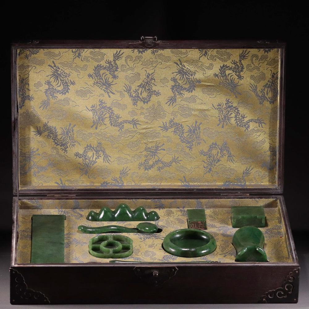 HETIAN JASPER CARVED CALLIGRAPHY SUPPLIES: Ink-Bed 20 x 6 x 1.2 cm / Brush-Bed 7.6 x 5.6 cm / Box 4.7 x 5.6 cm / Brush-Washer(1) 2.1 x 9.1 cm / Brush-Washer(2) 7.4 x 1.4 cm / Ruyi 13.9 x 3.8 x 2 cm / Brush-Holder 3.5 x 12.6 x 2.8 cm / Weight 2
