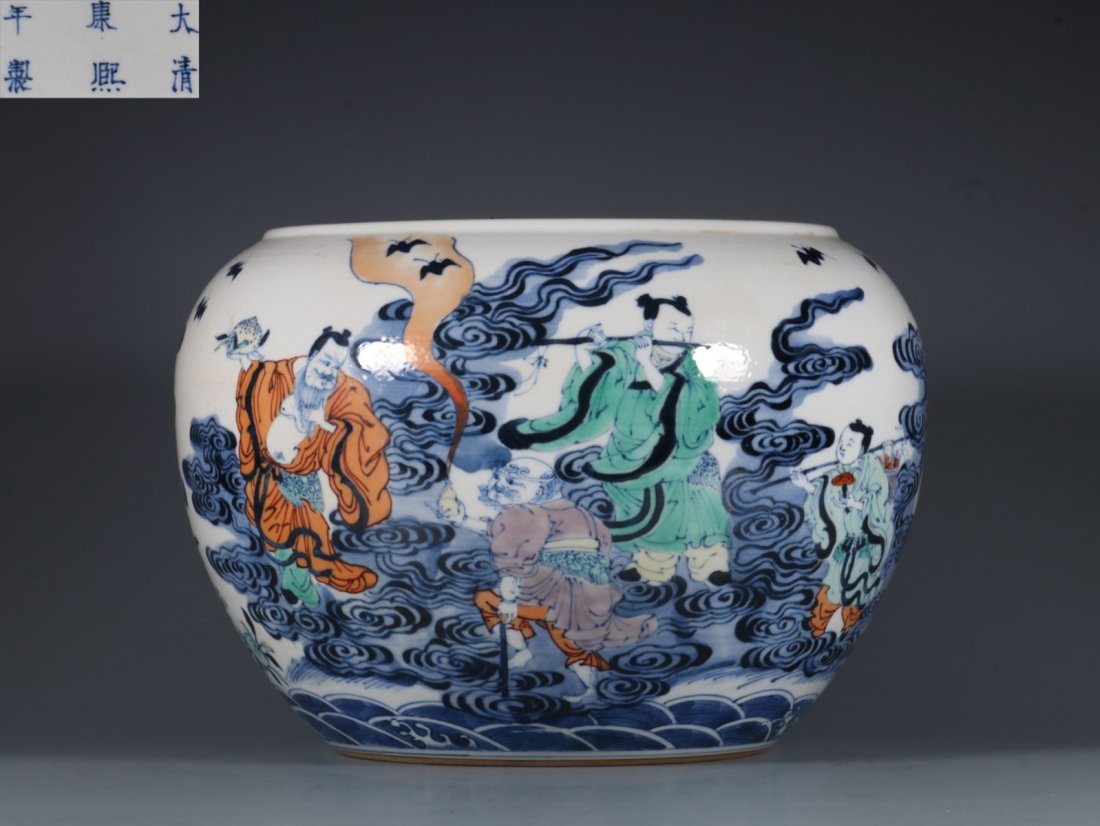 KANGXI MARK DOUCAI GLAZE FIGURE PATTERN BRUSH WASHER: Height 16.2 cm / Mouth-Diameter 16 cm