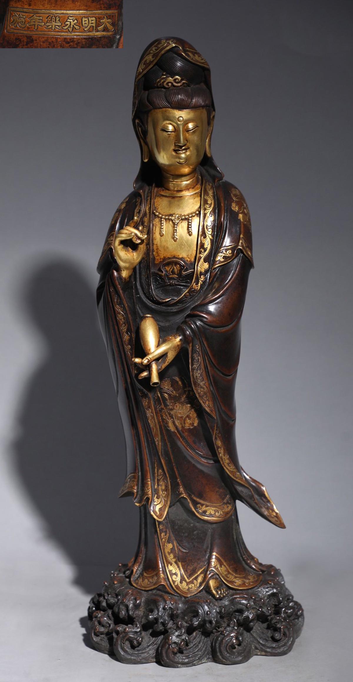 YONGLE MARK GILT COPPER GUANYIN BUDDHA STATUE: Height 64 cm / Width 23 cm / For more detailed description of this item please leave message to us or contact us at Email: info@empireauctioninc.com
