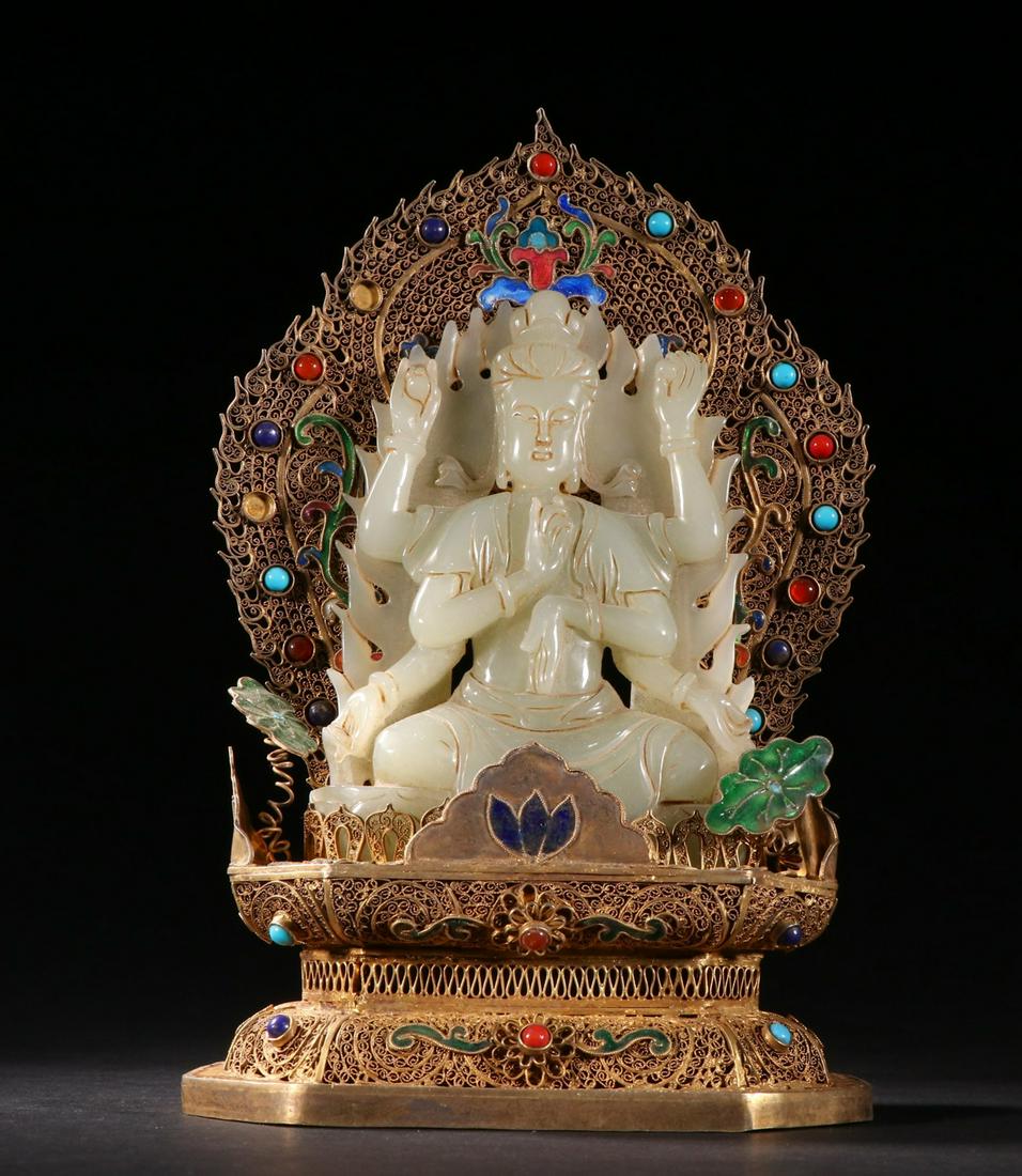 GILT SILVER BASE&HETIAN JADE GUANYIN BUDDHA STATUE: Height 21 cm / Width 13 cm / Weigh 708 g / Gilt Silver filigree Inlaid gem base & Hetian jade carved Guanyin Buddha statue