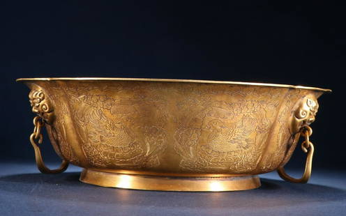 GILT BRONZE CAST BIRD PATTERN BASIN: Height 7.8 cm / Width 25 cm / Weight 1186g