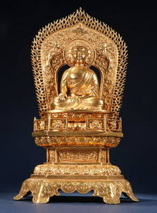 GILT BRONZE CAST SAKYAMUNI BUDDHA STATUE: Height 35 cm / Width 19.5 cm / Weight 2164g