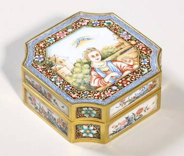 CANTON ENAMEL CAST FIGURE&FLORAL PATTERN BOX: Height 4.4 cm / Width 10.5 cm / Weight 627.7 g