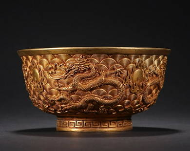 GILT BRONZE CAST DRAGON BOWL: Height 6.5 cm / Mouth-Diameter 12 cm / Weight 527 g