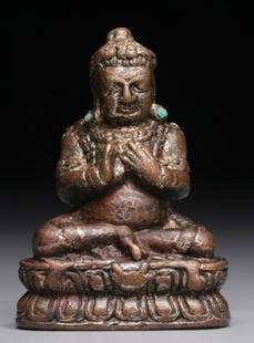 COPPER WITH TURQUOISE BUDDHA STATUE: Height 3.5 cm / Length 2.3 cm / Width 1.7 cm / Weight 21 g