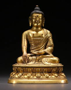 GILT BRONZE CAST SAKYAMUNI BUDDHA STATUE: Height 10 cm / Width 7.65 cm / Weight 389 g