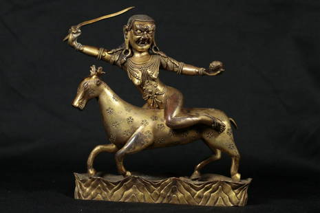 GILT BRONZE CAST PELDEN LHAMO STATUE: Length 19 cm / Width 5.5 cm / Height 17 cm / Weight 2210g