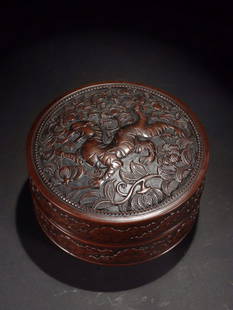 COPPER CAST WHITE TIGER&FLORAL PATTERN BOX: Height 6.3 cm / Diameter 14 cm / Weight 2.1kg