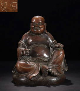 COPPER WITH SILVER CAST MAITREYA BUDDHA STATUE: Height 31 cm / Width 24.3 cm / Weight 5.95kg