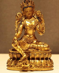GILT BRONZE CAST TARA BUDDHA STATUE: Dimension 7 x 6.5 x 11 cm / Weight 364g