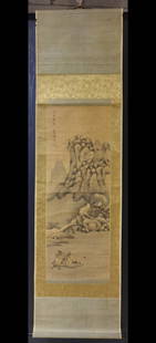 SHEN ZHOU LANDSCAPE&FIGURE PATTERN VERTICAL AXIS PAINTING: Painting-Size 96 x 35 cm / Shen Zhou (1427-1509)