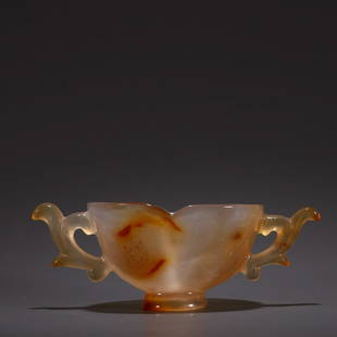 AGATE CARVED DOUBLE EAR CUP: Height 5 cm / Width 13.8 cm / Thickness 6.8 cm / Weigh 127 g / For more detailed description of this item please leave message to us or contact us at Email: info@empireauctioninc.com