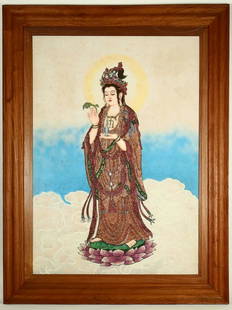 QIANLONG MARK GUANYIN BUDDHA PAINTING WITH GEM: Length 122 cm / Width 92.4 cm