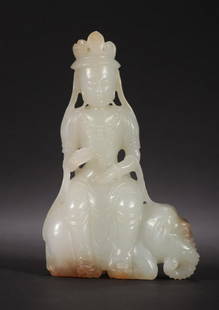 HETIAN JADE CARVED ELEPHANT&GUANYIN BUDDHA PENDNAT: Height 10.5 cm / Length 6.8 cm / Width 2.6 cm / Weight 165g
