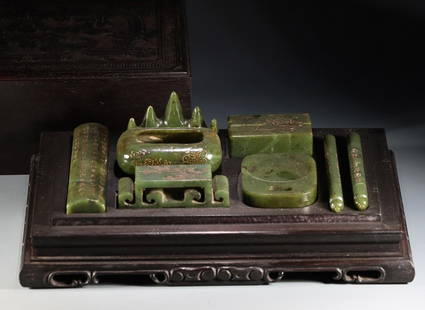 SET OF HETIAN JADE CARVED CALLIGRAPHY SUPPLIES: (1)brush holder dimension Height 5.3 cm / Length 8 cm / Width 2.2 cm / Weight 117.6 g (2)brush washer dimension Height 3 cm / Length 8.8 cm / Width 6 cm / Weight 141.5 g (3) paperweight dimension