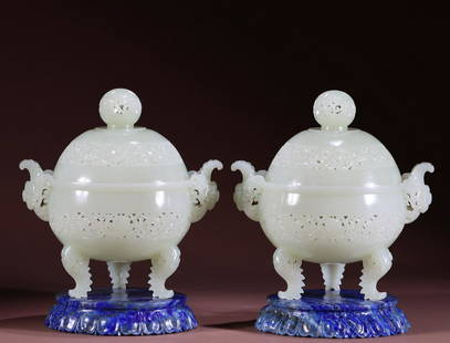 PAIR OF HETIAN JADE CARVED CENSER&LAZULI BASE: with base Height 14 cm / base Height 1.8 cm / Width 8.9 cm / Weight 346 g / hetian jade censer Height 12.4 cm / / Ear-distance 11.6 cm / mouth -Diameter 8.7 cm / Weight 432 g