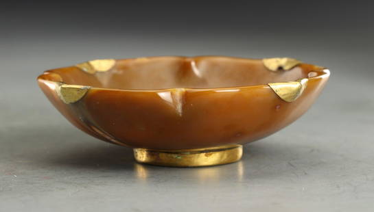 GOLD RIM AGATE CARVED CRANE PATTERN FLOWER BOWL: Dimension 9.8 x 9.8 x 3 cm