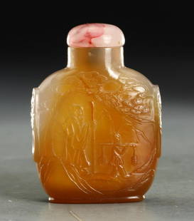 AGATE CARVED FIGURE PATTERN SNUFF BOTTLE: Dimension 5.5 x 2.6 x 7.5 cm