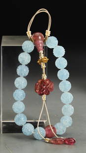 AQUAMARINE CARVED BEADED AUSPICIOUS PATTERN BRACELET: Bead-Diameter 1.4 cm / Weigh 55 g