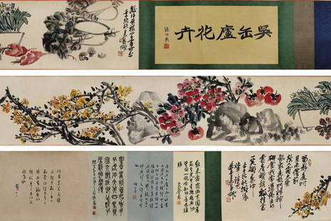 WU CHANGSHUO FLOWER PATTERN PAINTING: Wu Changshuo(1844-1927).Painting-Dimension 33 x 283 cm
