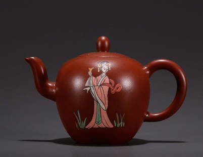 ZISHA CRAVED FIGURE PATTERN TEAPOT: Height 9 cm / Width 13.8 cm / Mouth-diameter 4.4 cm / Weight 171g