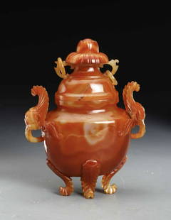 AGATE CARVED DOUBLE EAR CENSER: Dimension 16 x 7.6 x 21 cm