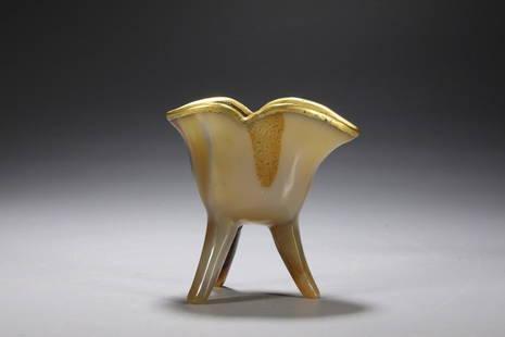 GILT RIM AGATE CARVED TRIPOD JUE CUP: Dimension 7.7 x 4.5 x 8 cm