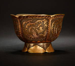 GOLD&SILVER INLAID BRONZE PHOENIX PATTERN BOWL